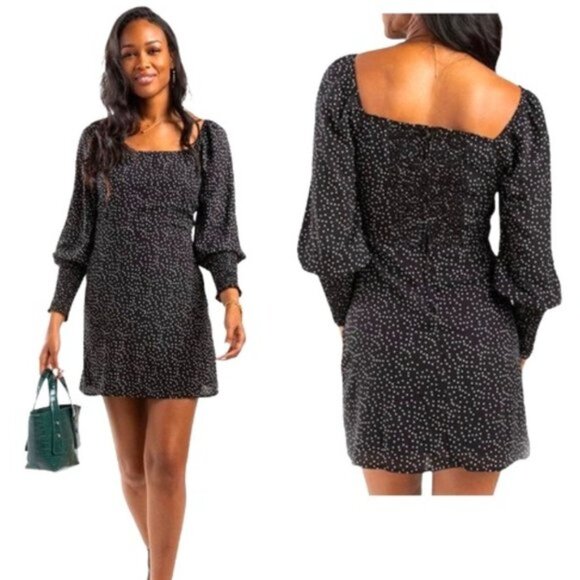 NWT Francesca’s Black Polka Dot Cinched Long Sleeve Square Neckline Dress  L - Picture 1 of 6